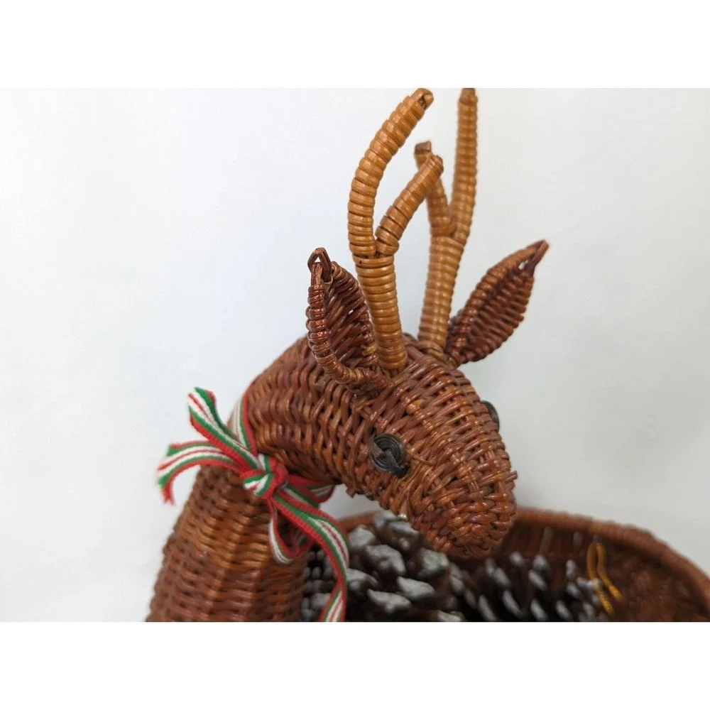 Christmas Decor Wicker‎ Rattan Reindeer Deer Basket and Pinecone Ornaments Lot